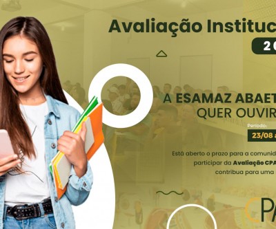 Período de Avaliação Institucional 2023/2 ocorrerá entre os dias 23/08 e 05/11/2023 Período de Avaliação Institucional 2023/2 ocorrerá entre os dias 23/08 e 05/11/2023
