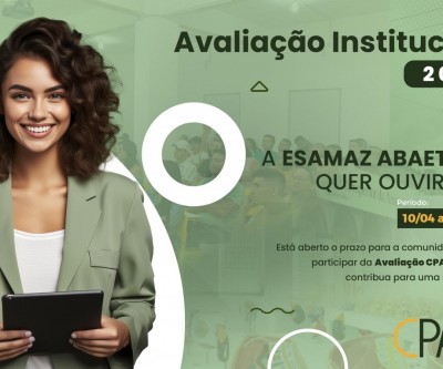 Período de Avaliação Institucional 2024/1 ocorrerá entre os dias 10/04 e 29/05/2024 Período de Avaliação Institucional 2024/1 ocorrerá entre os dias 10/04 e 29/05/2024